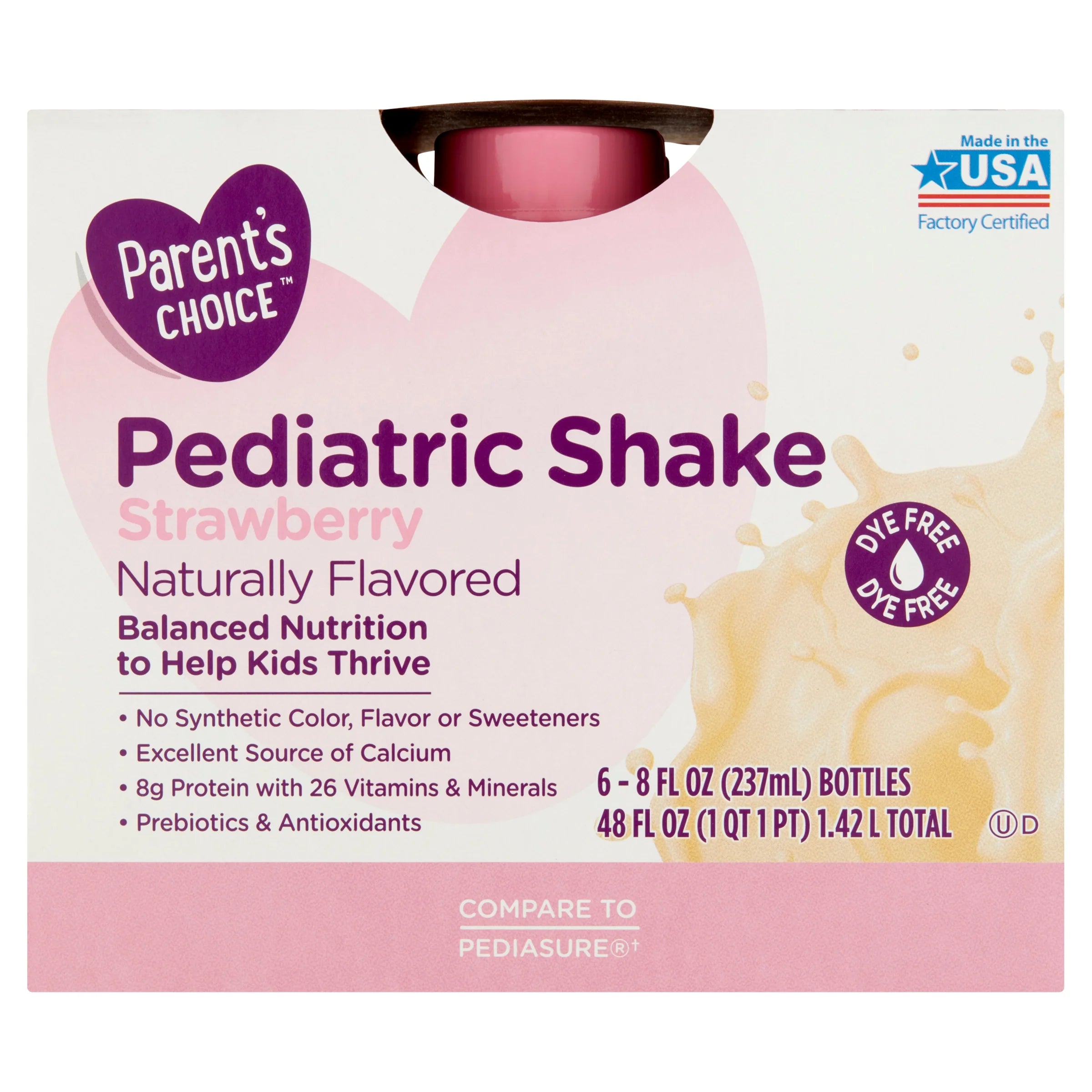 Parent'S Choice Pediatric Shake, Strawberry, 8 Oz Bottle, 6 Shakes