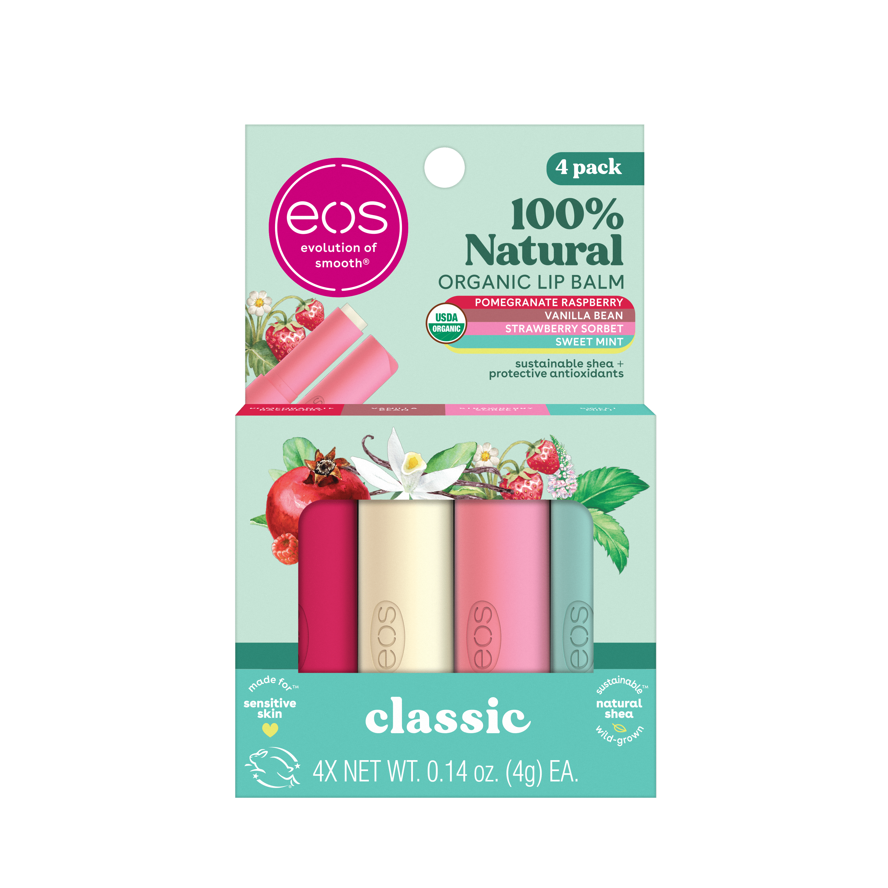 Eos 100% Nautral & Organic Lip Balm- Strawberry, Mint, Pomegranate, Vanilla - 4-Pack, 0.14 Oz