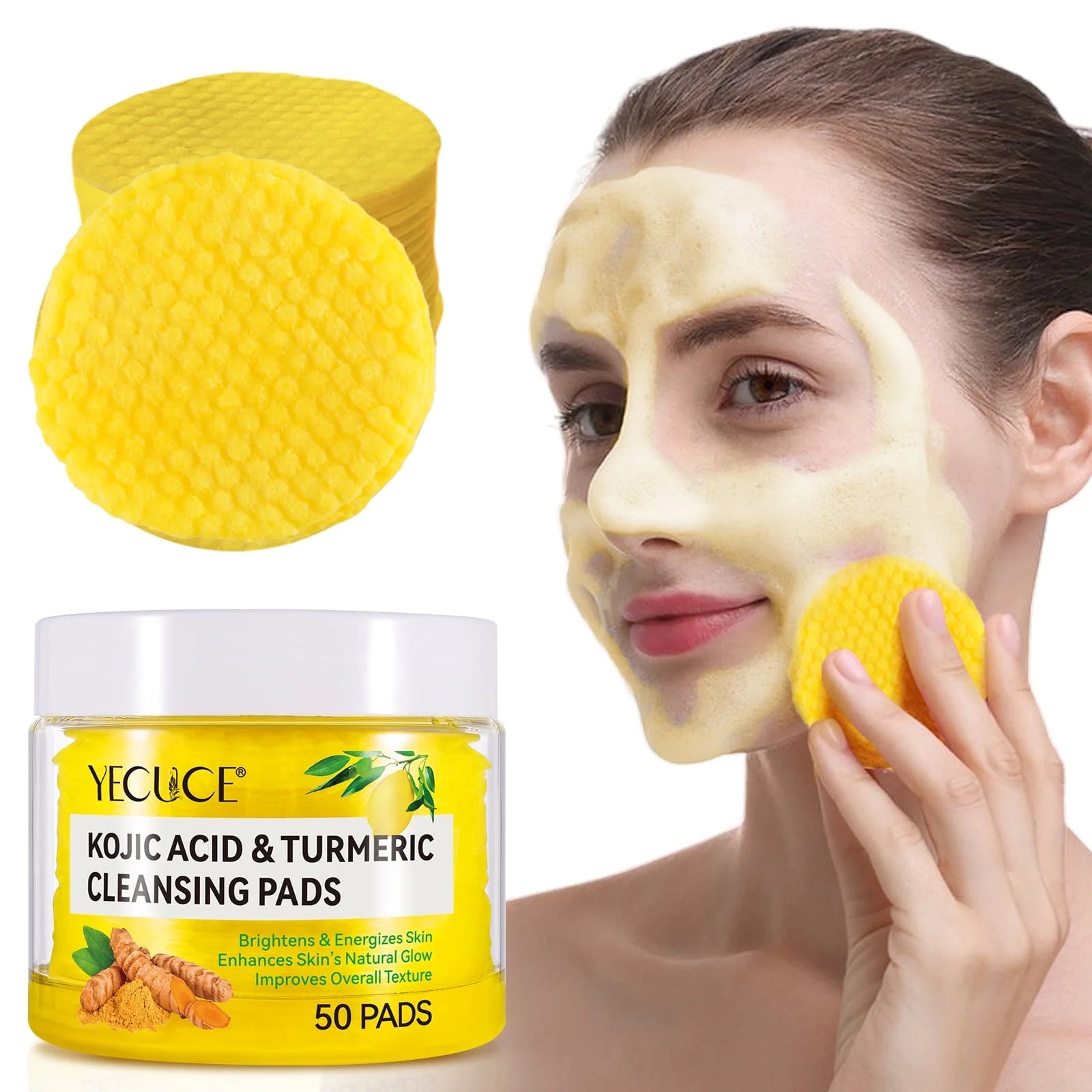 50 Pads Kojic Acid & Turmeric Cleansing Pads-Cleanses Pores, Exfoliates, Removes Dirt and Makeup, Facial Cleansing Pads for Women & Men