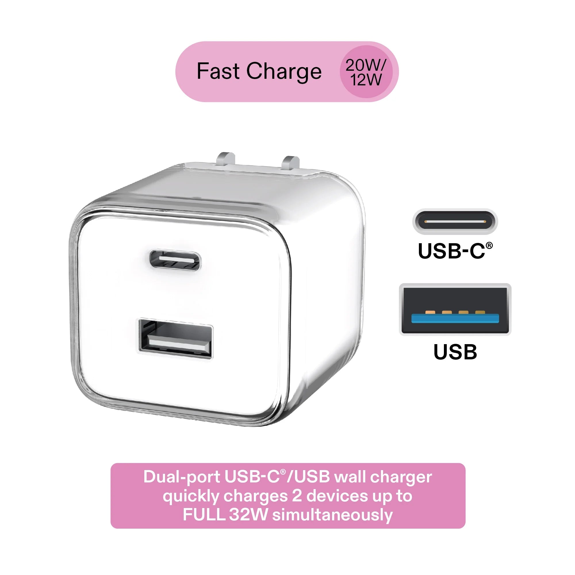 Onn 32W Dual-Port USB-C & USB-A Wall Charger, Fast Charging, USB-IF Certified, Foldable Plug, White – Compatible with Iphone, Ipad, Airpods, Samsung Galaxy, Note, Pixel & More