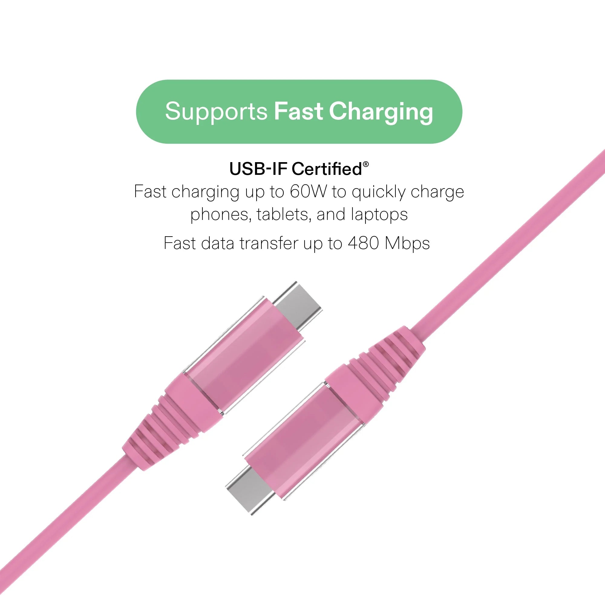 Onn 6Ft USB-C to USB-C Charging Cable, Fast Charging, USB-IF Certified, Pink - Compatible with Iphone 16 Series, Iphone 15 Series, Samsung Galaxy, Note, Pixel Devices Ipad Pro, & More