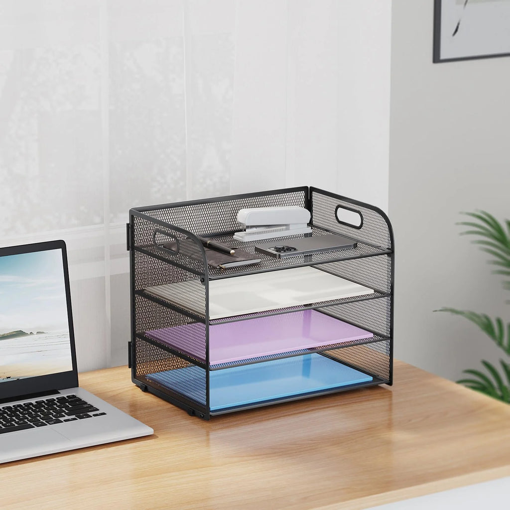 4-Tier Desk Organizer Tray, ,Paper Organizer for Desk,Mesh Desktop File Organizers with Handle