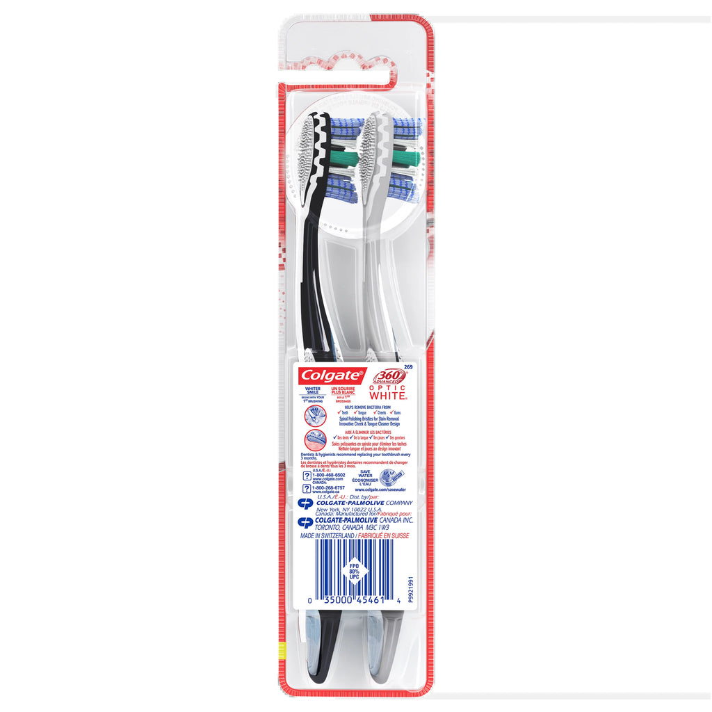 360 Optic White Advanced Adult Manual Whitening Toothbrush, Soft, 2 Pack