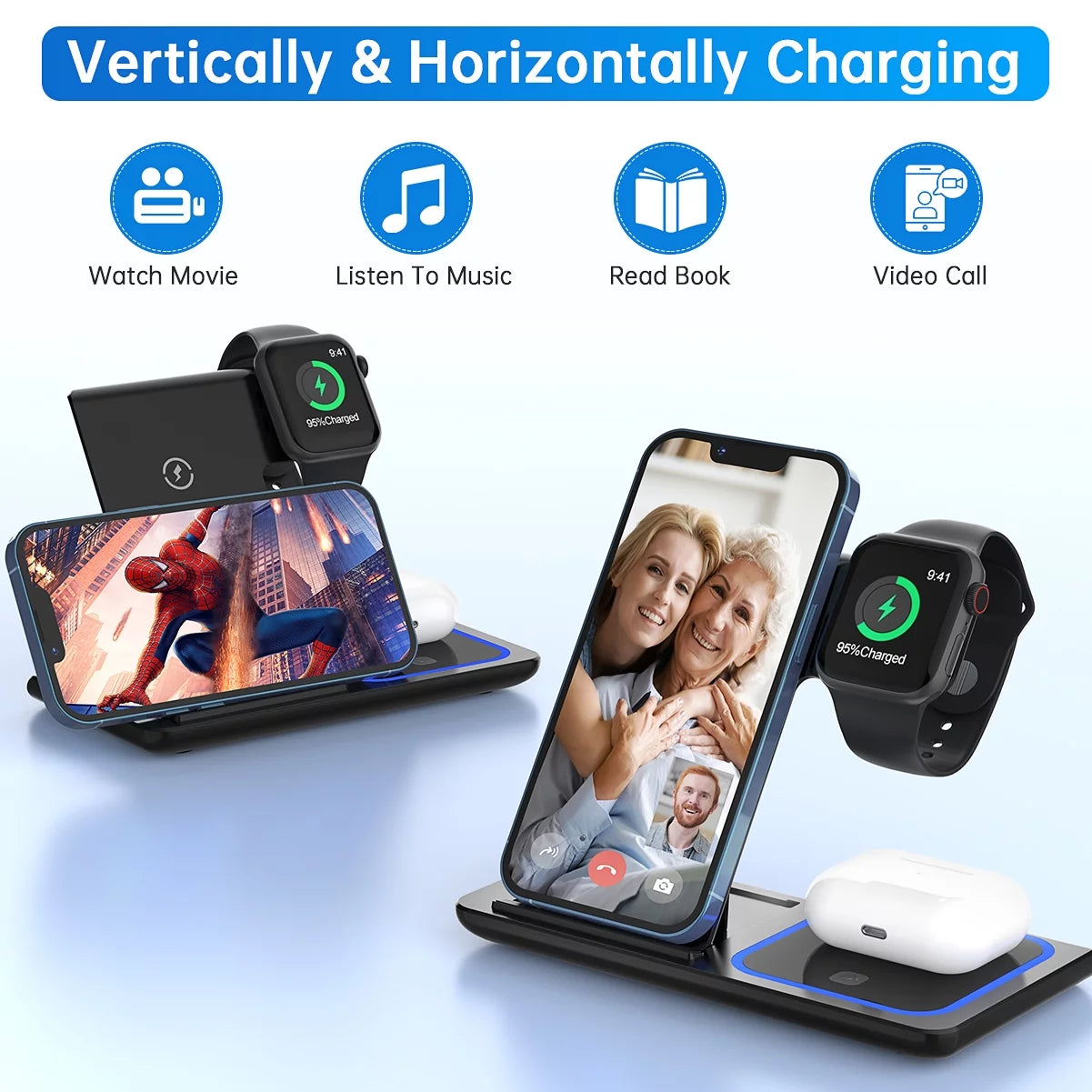 Wireless Charger, 3 in 1 Wireless Charging Station, Fast Charging Dock for Iphone 15/14/13/12/11/Pro/Xs/Sr/X/Se/Galaxy, 15W Wireless Charger Stand for Apple Watch Series 8/7/6/5/4/3/2/Airpods