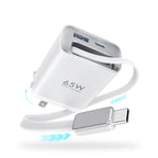 65W Gan Charger with Built-In 3.5Ft Retractable Cable, 3-Port PD Fast Charging Compatible with Iphone/Samsung Series -White