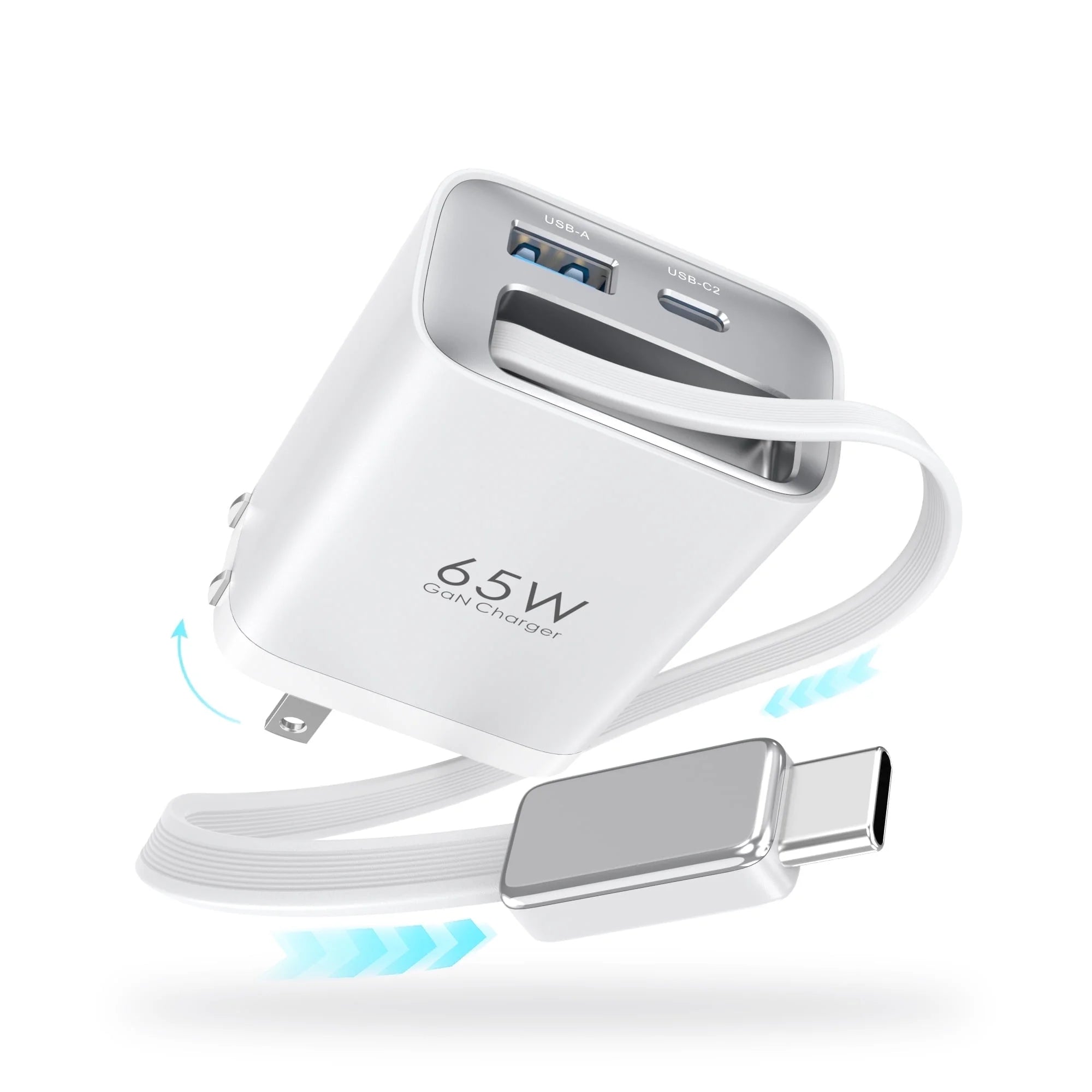 65W Gan Charger with Built-In 3.5Ft Retractable Cable, 3-Port PD Fast Charging Compatible with Iphone/Samsung Series -White