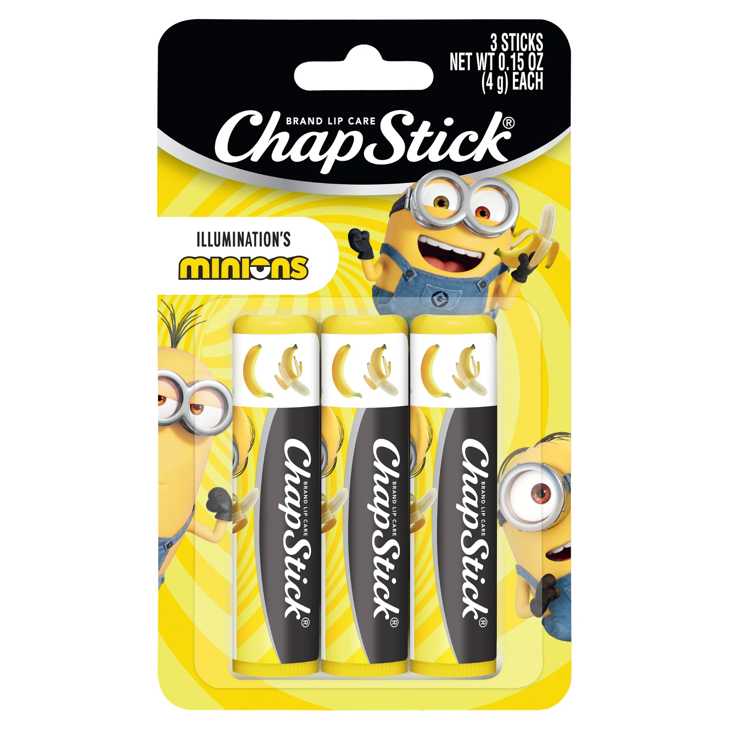 Chapstick Minions Banana-Nana Lip Balm, Banana Flavor, Moisturizing Lip Care, 3 Pack