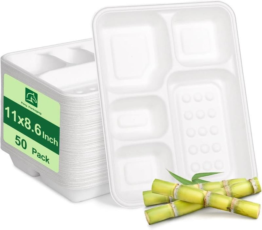 100 Pack Disposable Compartment Paper Plates, 100% Compostable 5 Compartment Pla
