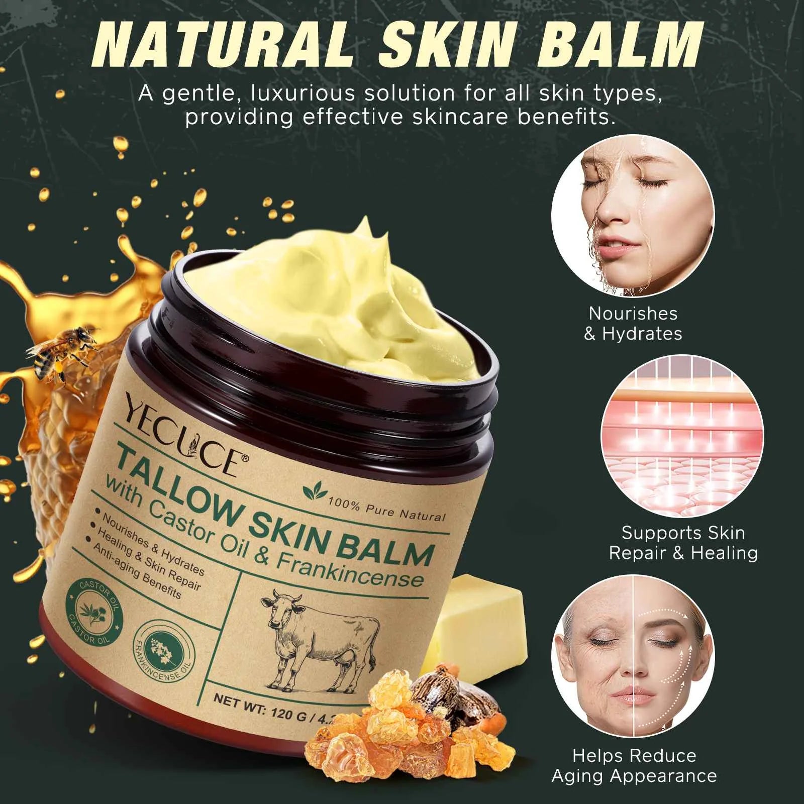 2-Pack Tallow Skin Balm with Castor Frankincense, Pure Natural Deeply Nourishes & Hydrate, for All Skin Types