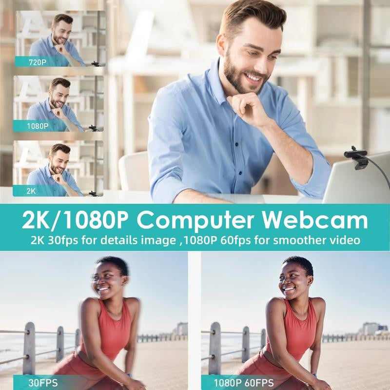 2K/1080P Webcam with 2 Microphones for Laptop Conference Streaming PC USB Web Ca