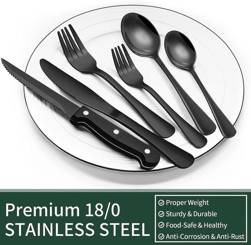 24-Piece Black Silverware Set with Steak Knives, Black Flatware Set for 4, Food