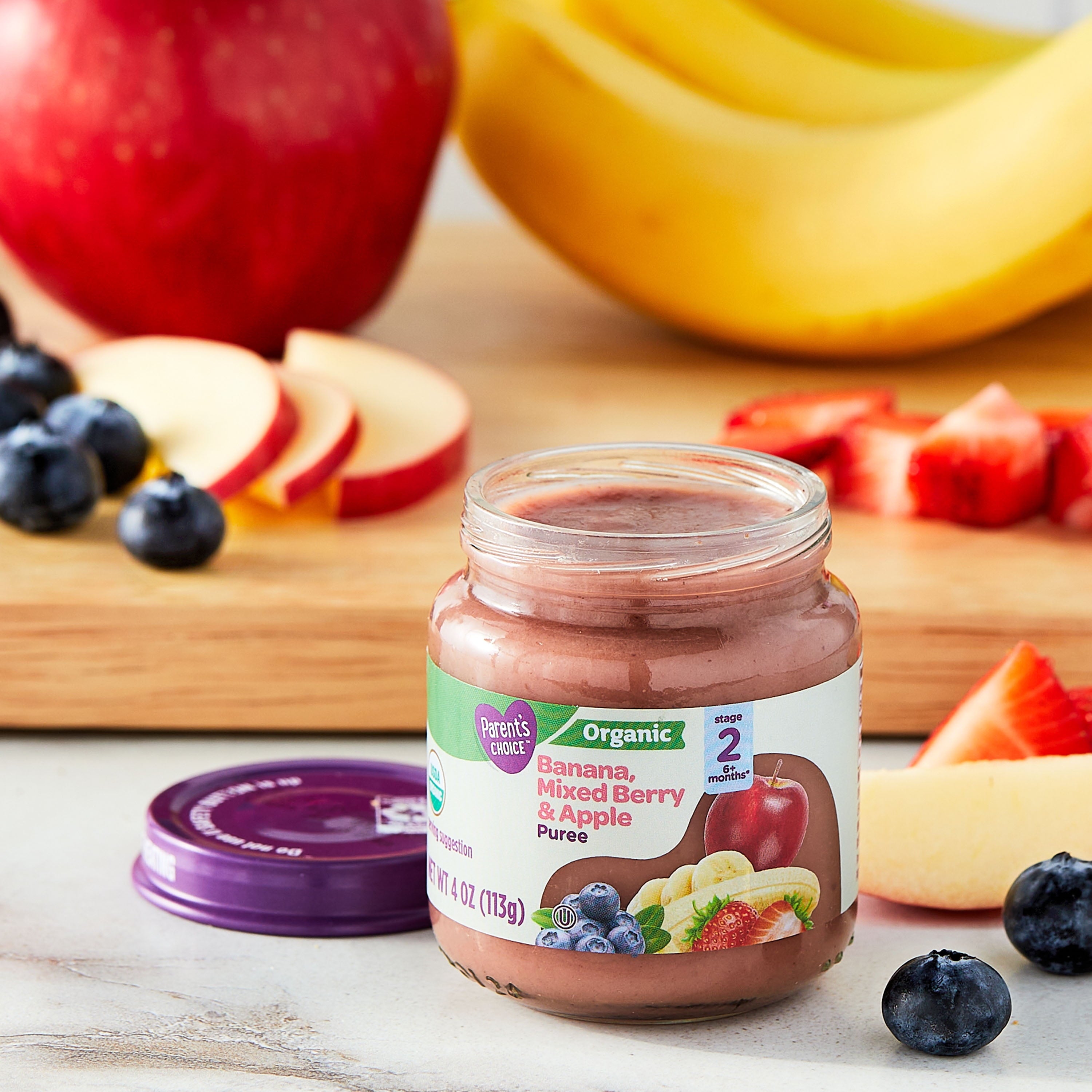 Parent'S Choice Organic Stage 2 Baby Food, Banana, Mixed Berry, and Apple Puree, 4 Oz Jar