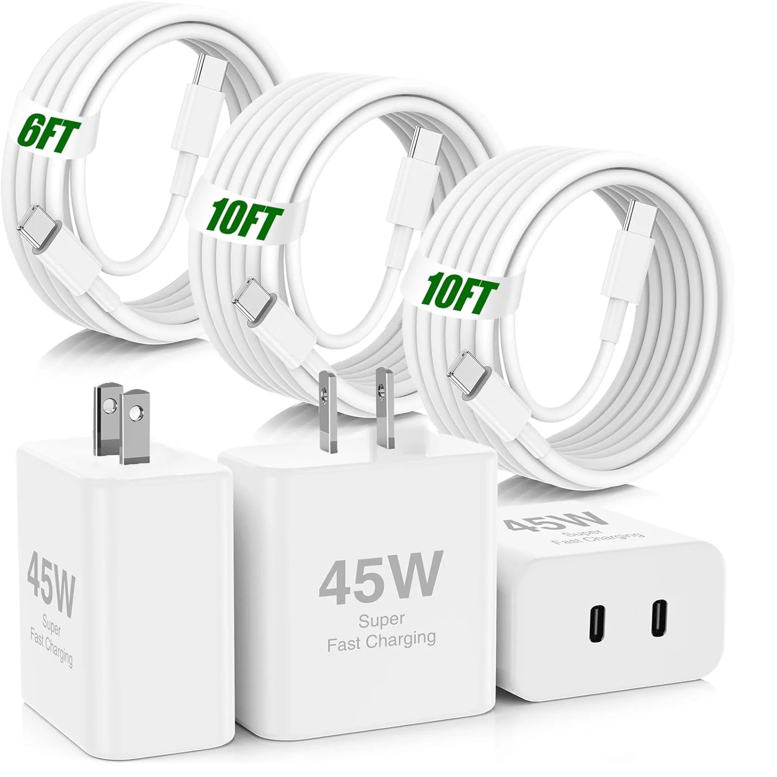 45W Super Fast Samsung Charger Type C,Dual Port USB C Fast Charger Block [3-Pack] & Extra Long 60W 6/10/10FT USB C Cable - PD Quick Charging 3.0 for Samsung Galaxy S25 Ultra/S24+/S23,Foriphone 17
