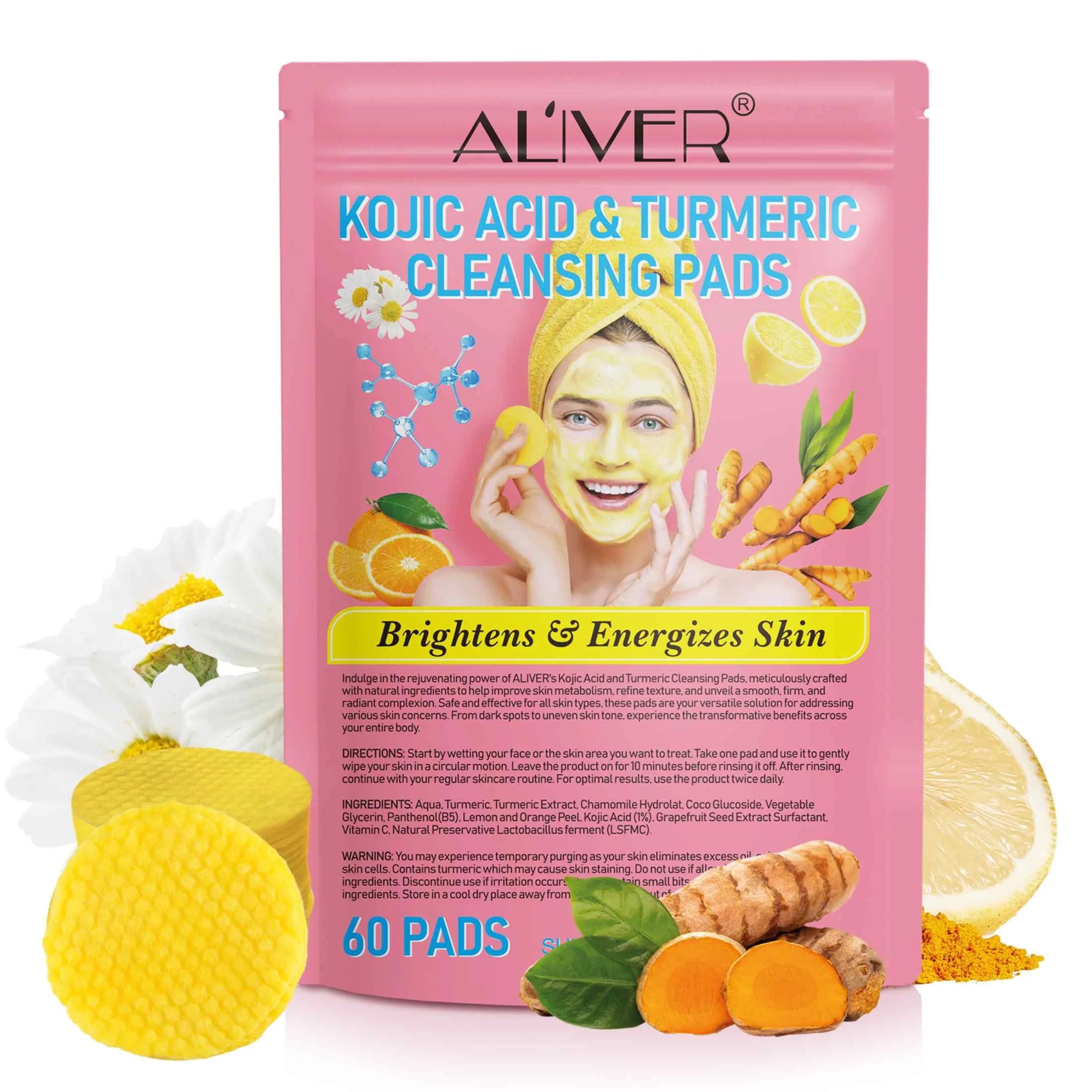 60PCS Turmeric Kojic Acid Cleansing Pads, Face Skin Care, Remove Oil, Exfoliation,For All Skin Type.