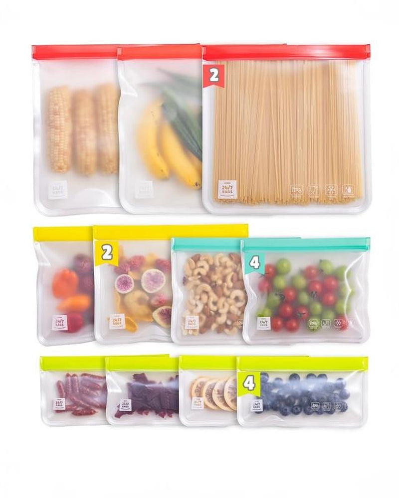 12 Pack Variety Reusable Silicone Bags, Dishwasher Safe, Leakproof, Reusable Fre