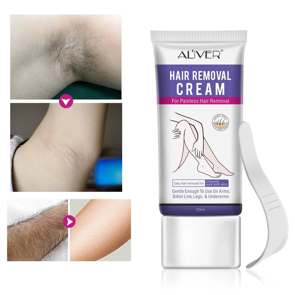 Aliver Hair Removal Cream for Underarms, Intimate Areas, Arms & Legs, Moisturizing with Aloe Vera, 1.76 Oz