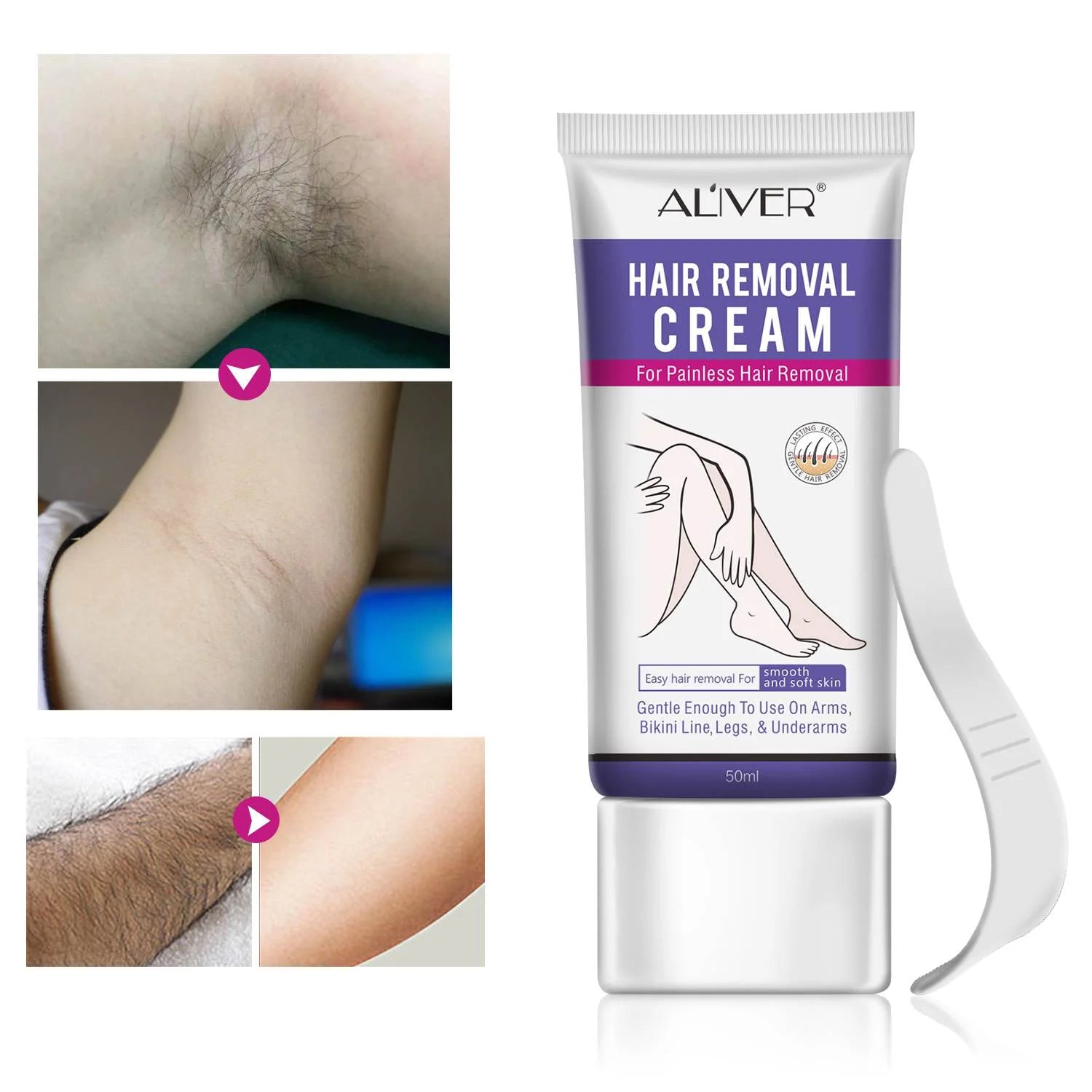 Aliver Hair Removal Cream for Underarms, Intimate Areas, Arms & Legs, Moisturizing with Aloe Vera, 1.76 Oz