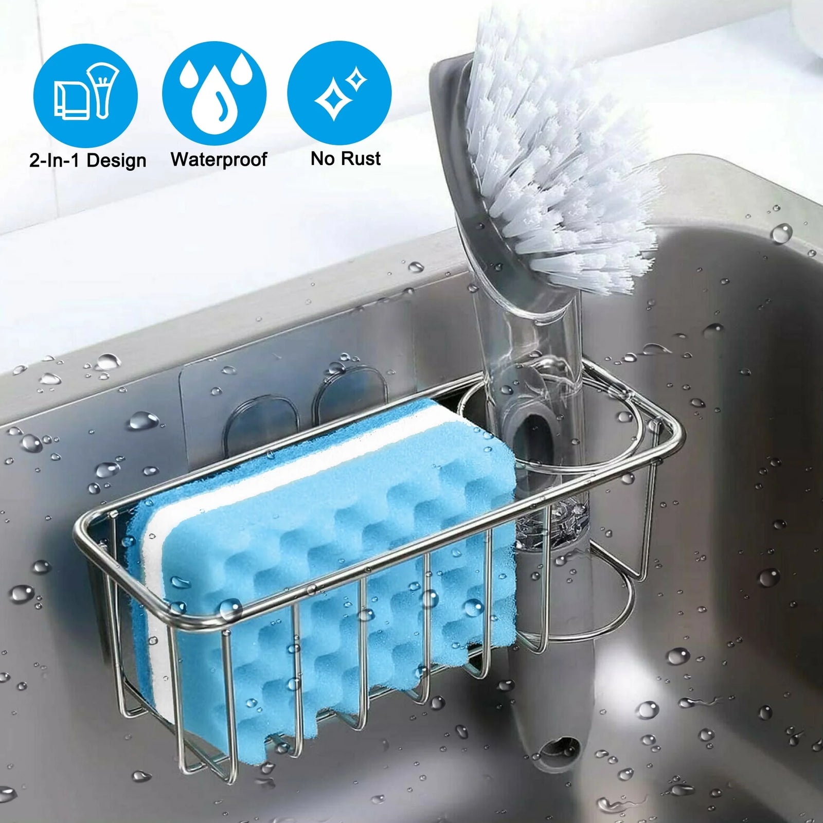 2-In-1 Sink Holder, Adhesive Rustproof Sponge Holder Kitchen Sink Organizer Bask
