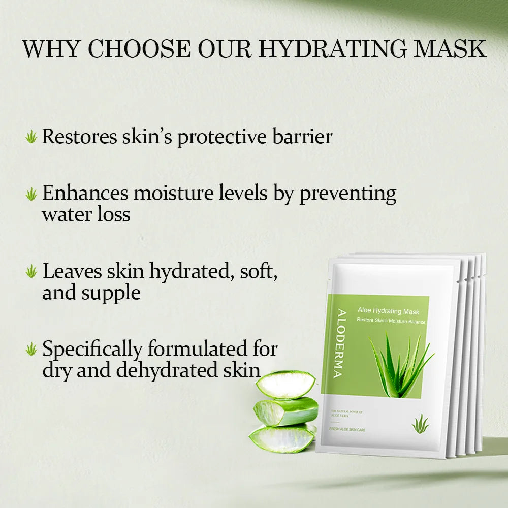 Aloderma Hydrating Sheet Face Masks with 87% Organic Aloe Vera - 5 Pack Moisturizing Facial Masks with Hyaluronic Acid & Bergamot Oil for Nourished, Radiant Skin - Aloe Vera Natural Skincare