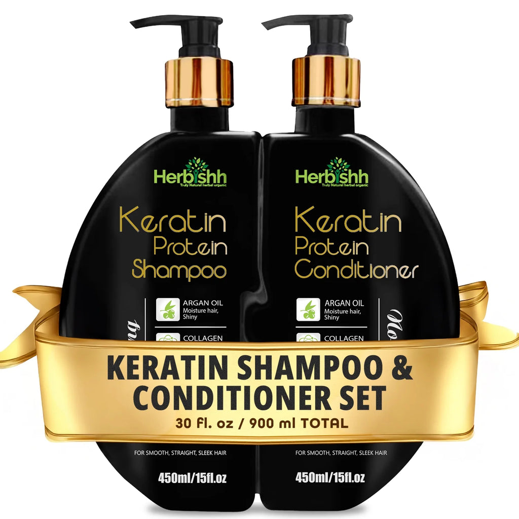 Herbishh Keratin Shampoo and Conditioner Set – Shiny & Frizz-Free, All Hair Types, Unisex, 450Ml