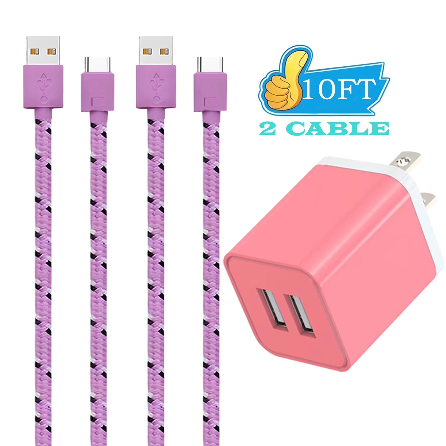 Charger Block,Type C Charger Fast Charging Cable 10 Feet,Almosten 2.4A Dual Port High Speed Android Phone Charger Block Box Cube Power Plug Adapter USB Wall Charging Brick with (10Ft Cable),Pink