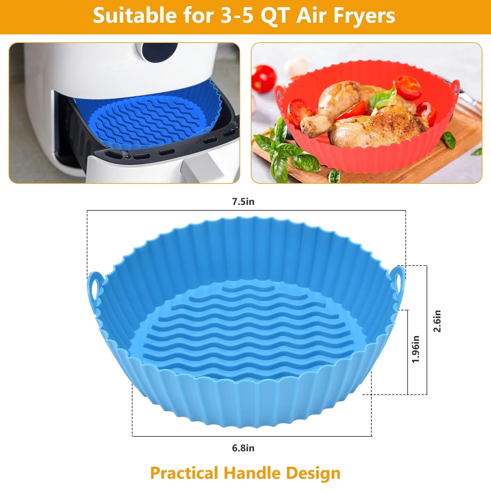 3 Pack Air Fryer Silicone Liners Pot for 3 to 5 QT, Air Fryer Silicone Basket Bo