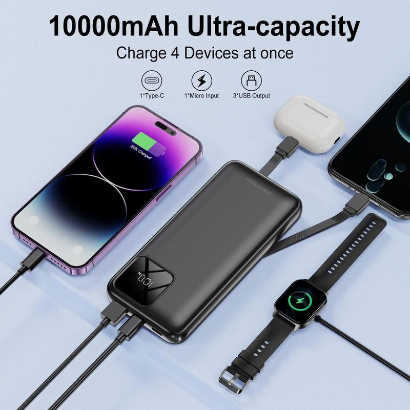 10000Mah Portable Charger Power Bank with Built in Cables 22.5W Fast Charging Fo