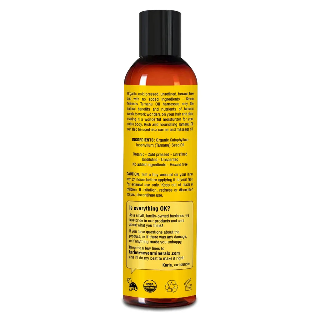 Seven Minerals USDA Organic Tamanu Oil - Big 8Oz - Cold Pressed for Skin, Face, Hair, & Nails