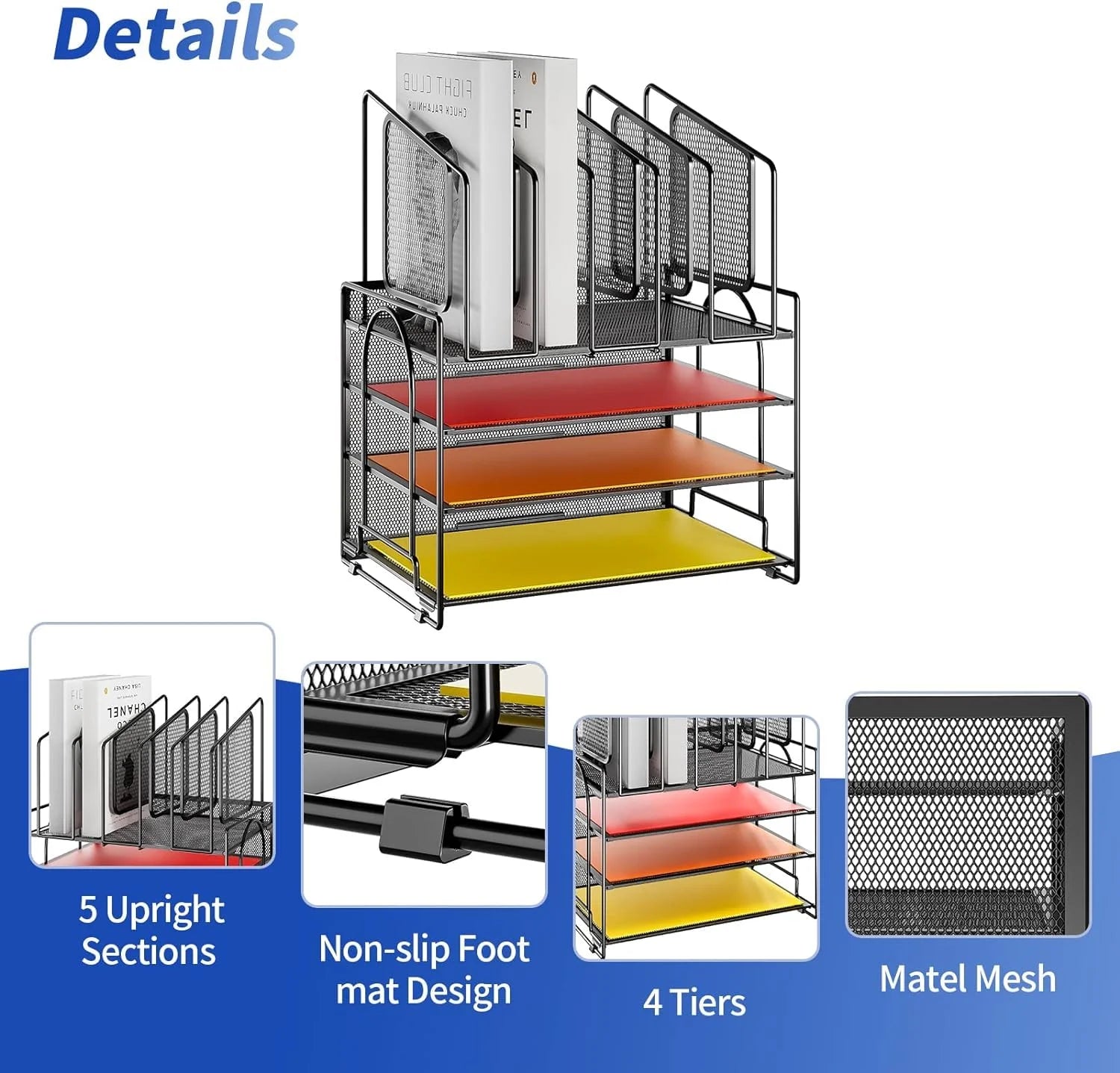 4-Tier Mesh Desk File Organizer,5 Vertical File Holder and Handle for Home Office (New Vertical Holder-Black)
