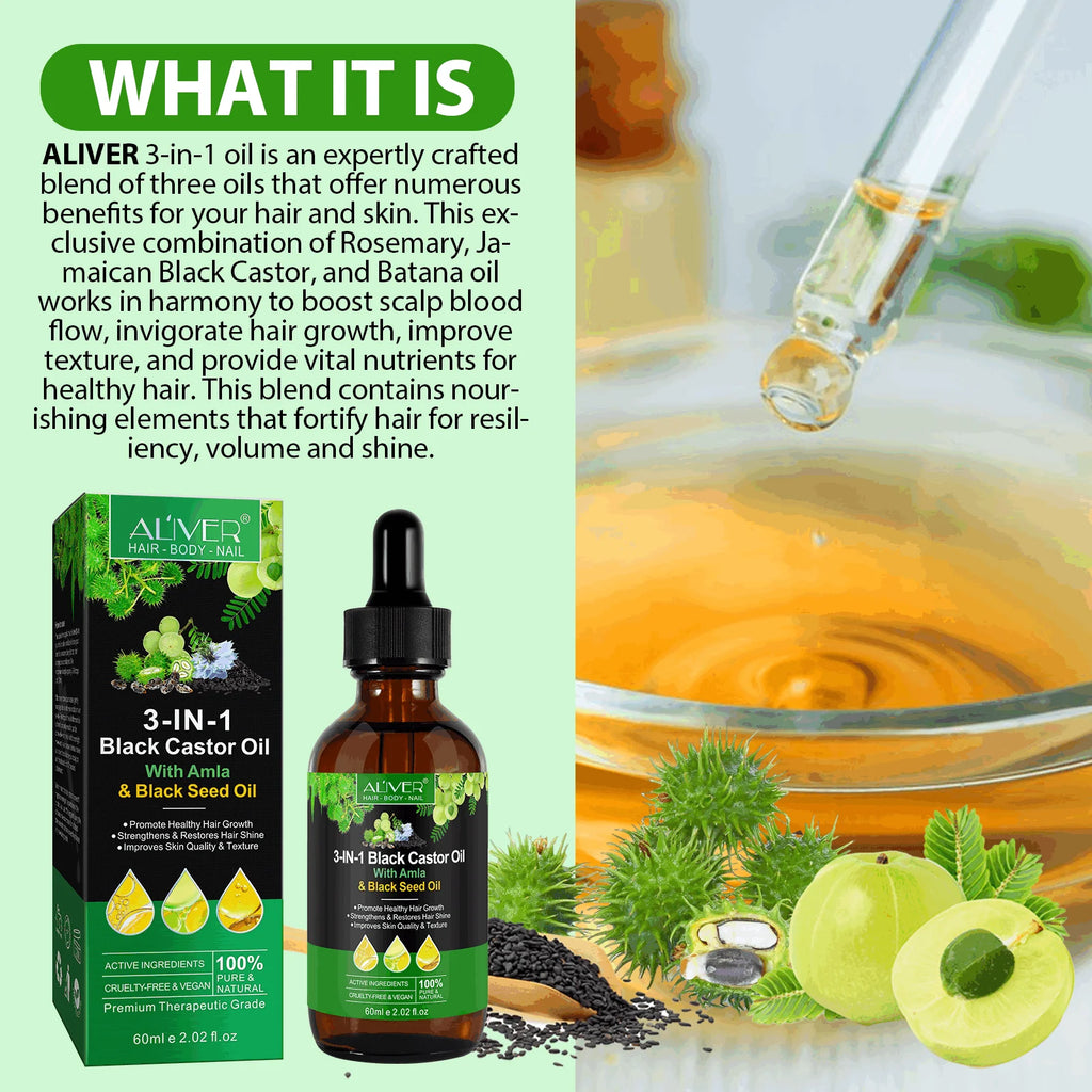 3-IN-1 Black Castor Oil with Amla & Black Seed Oil, 100% Pure & Natural, Hair Care & Skin Care, Organic Cold-Pressed, Cruelty-Free & Vegan, 2.02 Fl Oz