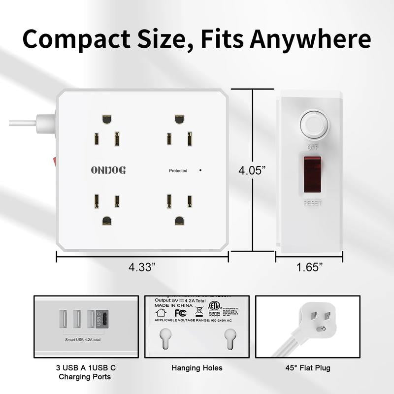 6Ft Flat Plug Power Strip - 8 Outlets and 4 USB Ports (1 USB C), Extension Cord