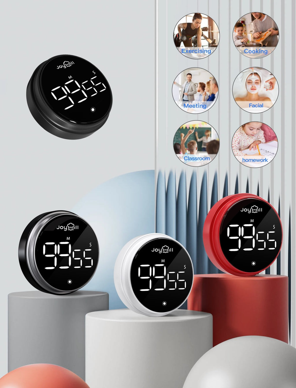Digital Kitchen Timer, 2 Pack Magnetic Timer with Large LED Display Screen, 3 Vo