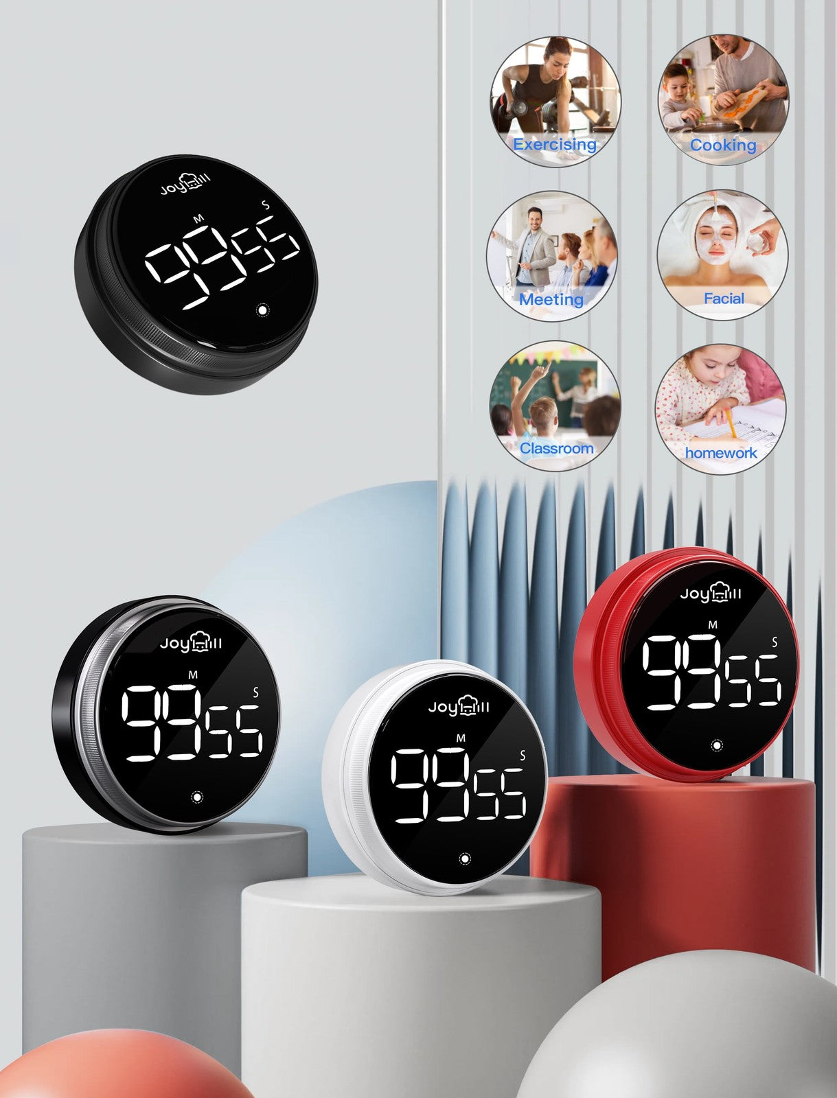 Digital Kitchen Timer, 2 Pack Magnetic Timer with Large LED Display Screen, 3 Vo