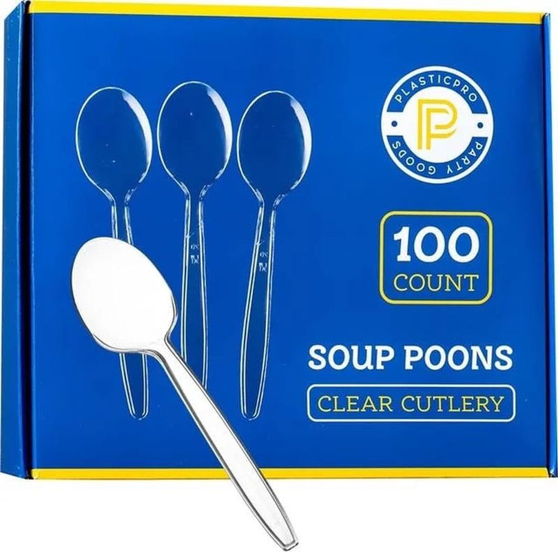 Clear Plastic Soup Spoons Heavy Duty Disposable Silverware, 100-Pack