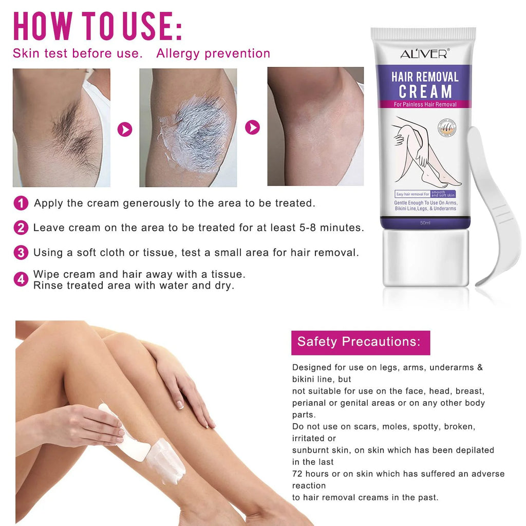 Aliver Hair Removal Cream for Underarms, Intimate Areas, Arms & Legs, Moisturizing with Aloe Vera, 1.76 Oz