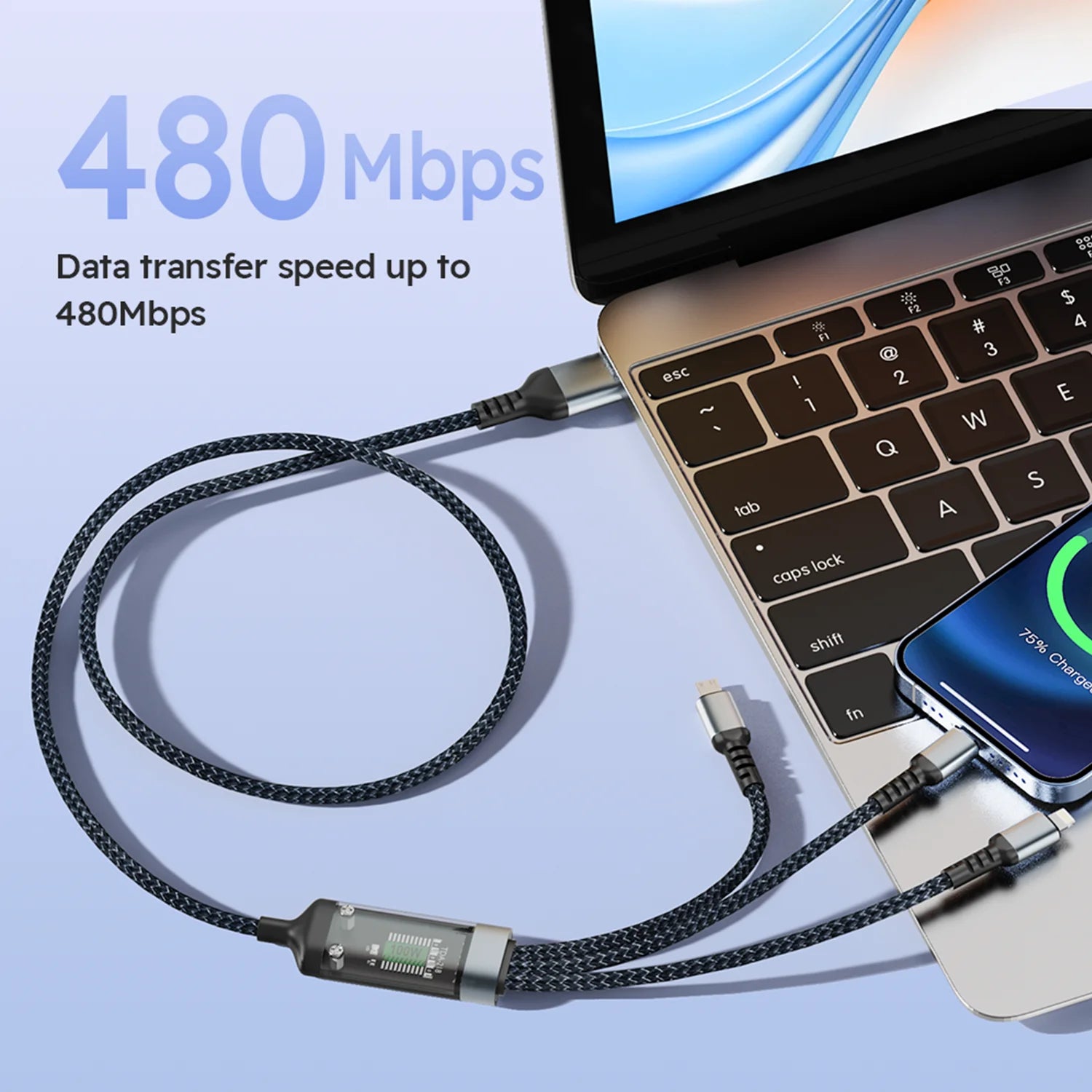 Firsting 4FT 100W 3-In-1 USB Charger Cord Phone Charging Cable Fast Charging Data Cable 2PCS Black
