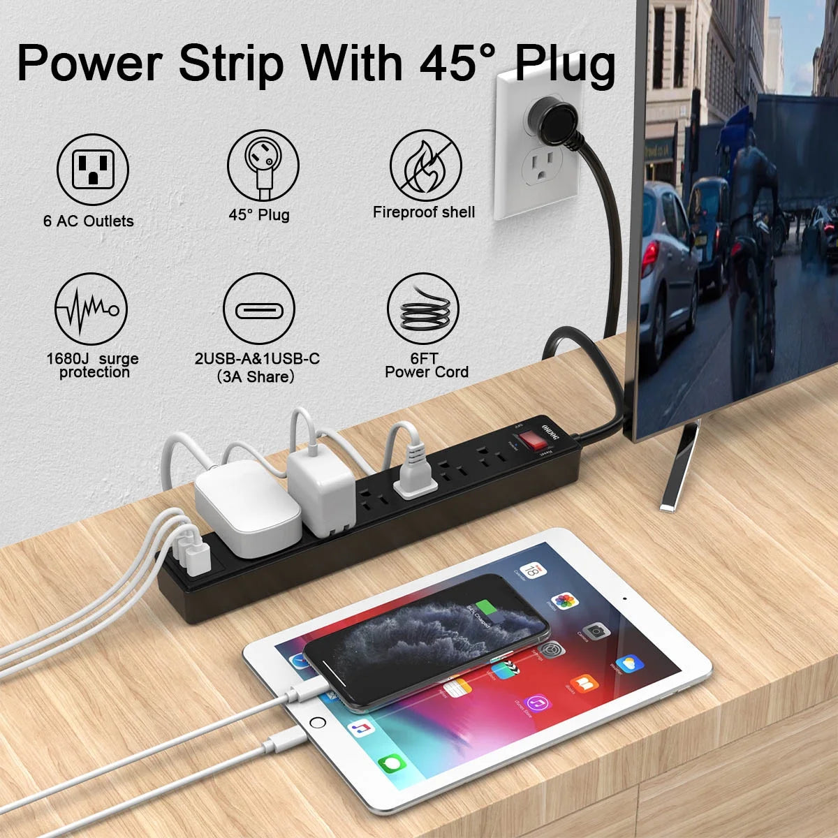 6 Ft Extension Cord Power Strip - 6 AC Outlets and 3 USB Ports Surge Protector(2