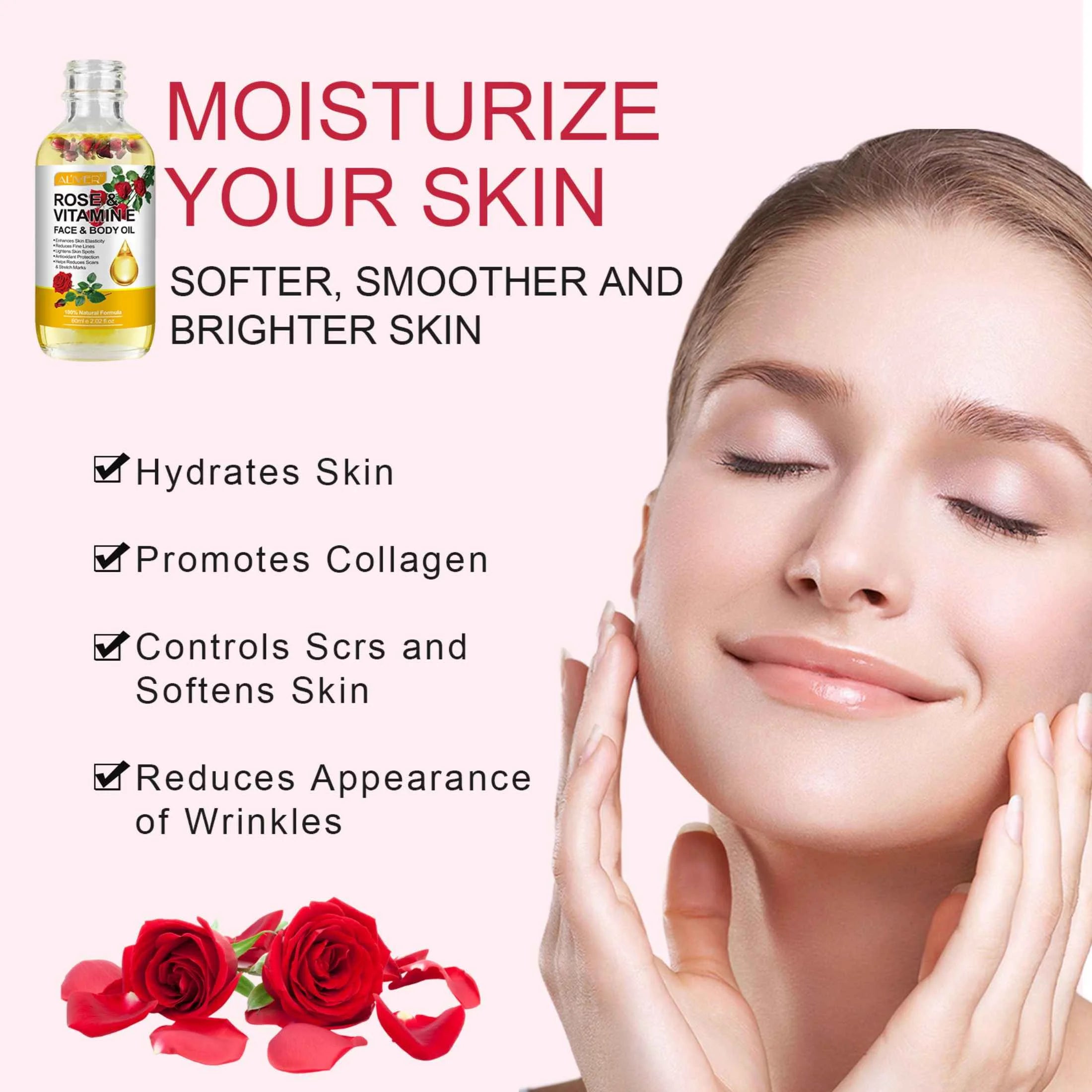 Aliver Rose & Vitamin E Oil for Face, 100% Pure and Natural , for Skin Moisturizing, Anti-Aging, Reduce Pigmentation, 2.02 Fl Oz