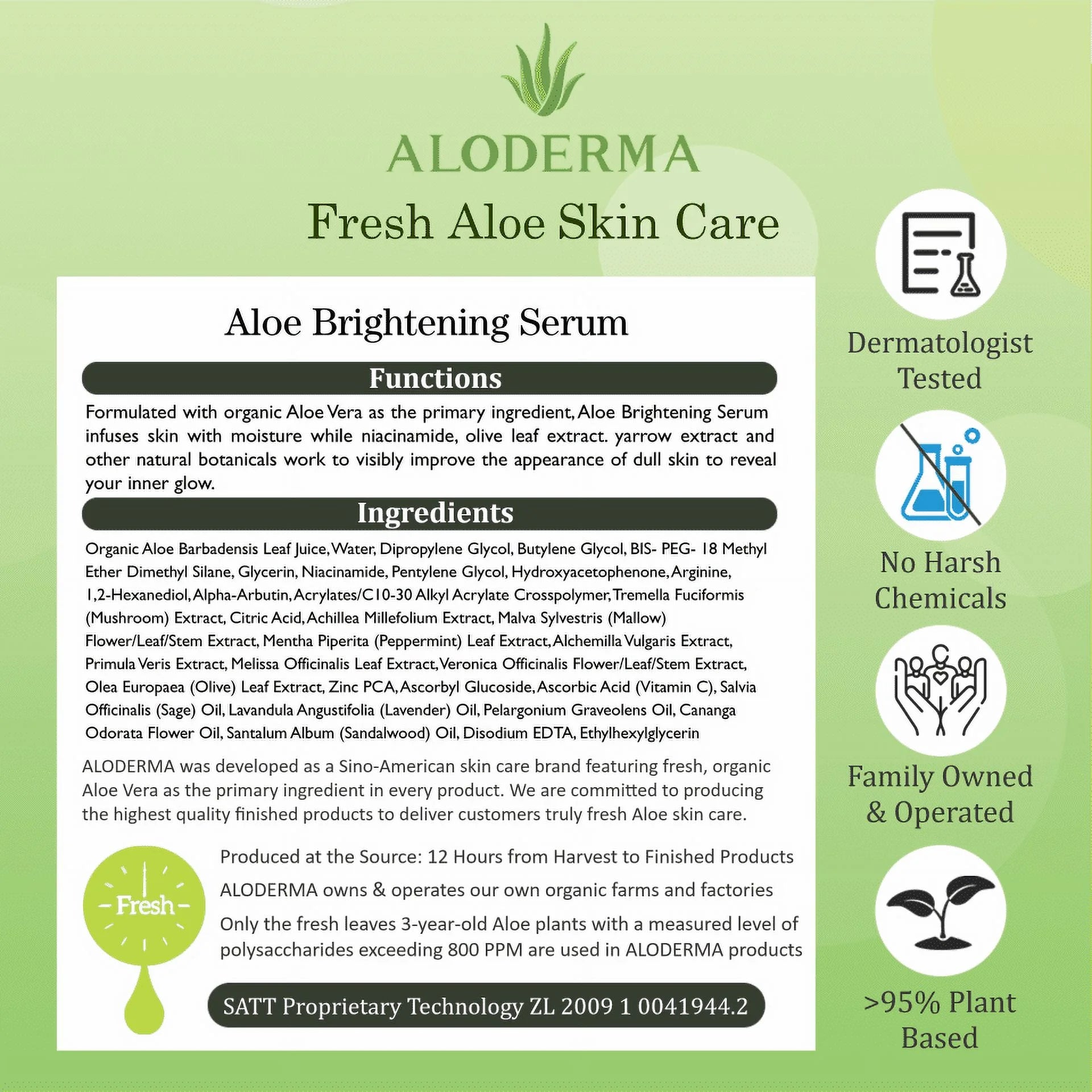 Aloderma Skin Brightening Serum with 65% Organic Aloe Vera - Face Serum with Niacinamide, Vitamin C and Alpha-Arbutin for Glowing Skin - Aloe Vera Face Glow Serum - Refine Skin Texture and Tone