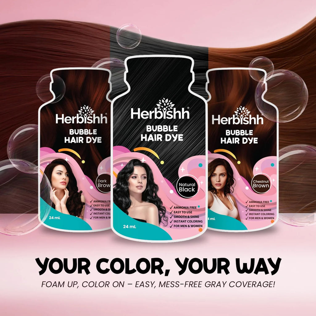 3-In-1 Bubble Foam Hair Dye Shampoo, Dark Brown, 10 Sachets X 24Ml, Ammonia-Free, Long-Lasting Color for Men & Women