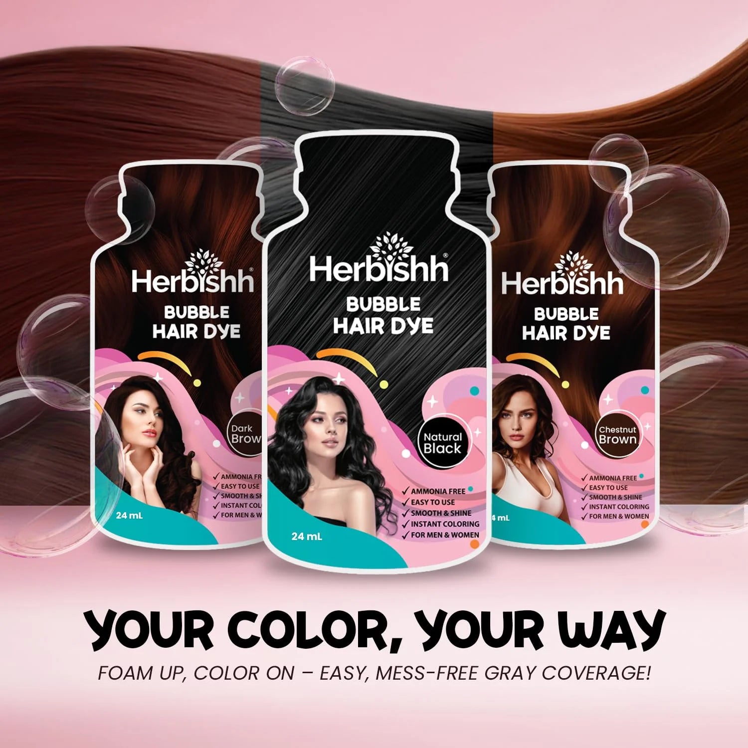 3-In-1 Bubble Foam Hair Dye Shampoo, Black, 10 Sachets X 24Ml, Ammonia-Free, Long-Lasting Color for Men & Women