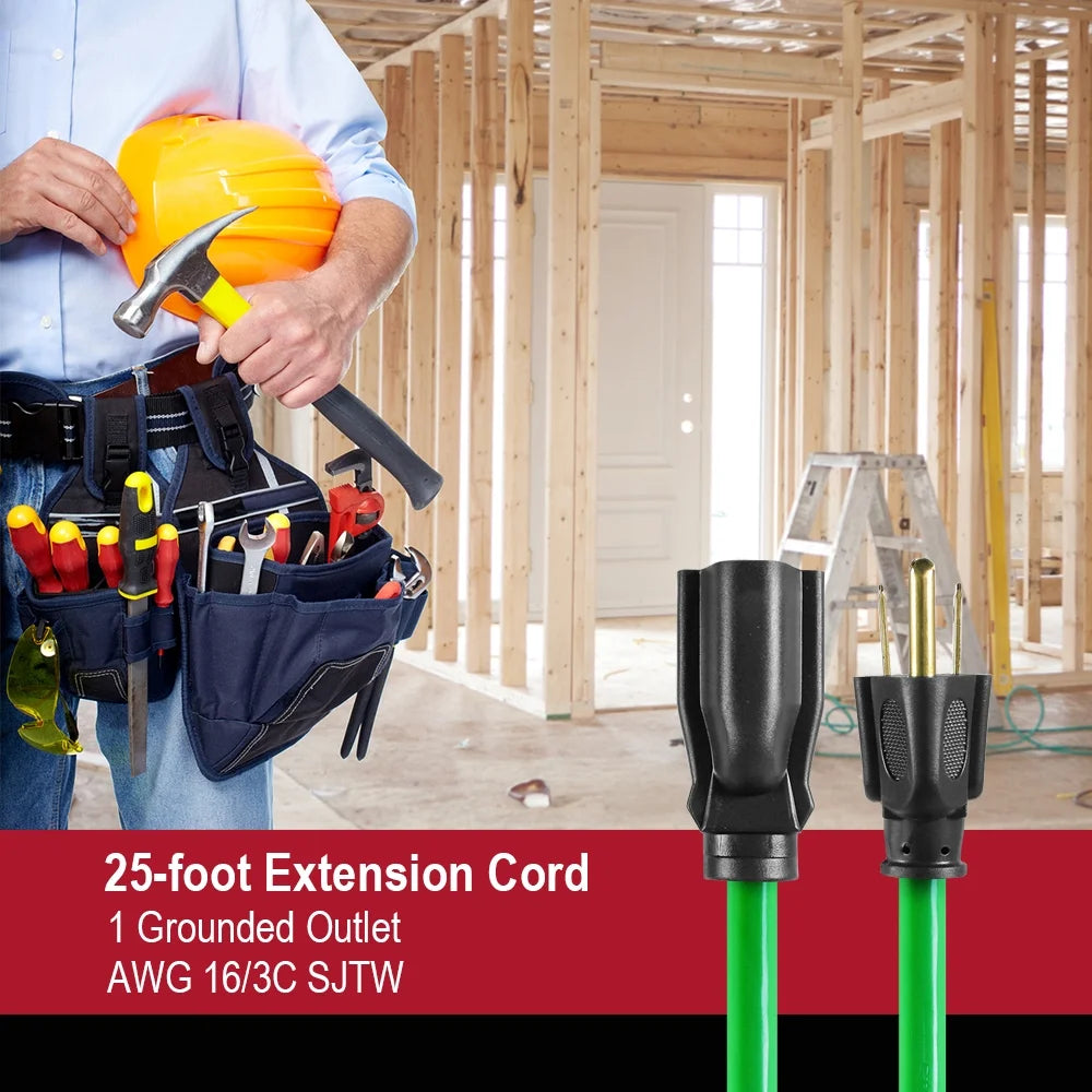 25FT 16AWG 3 Prong Hi-Vis Green Single Outlet Outdoor Extension Cord, 125V, 13A