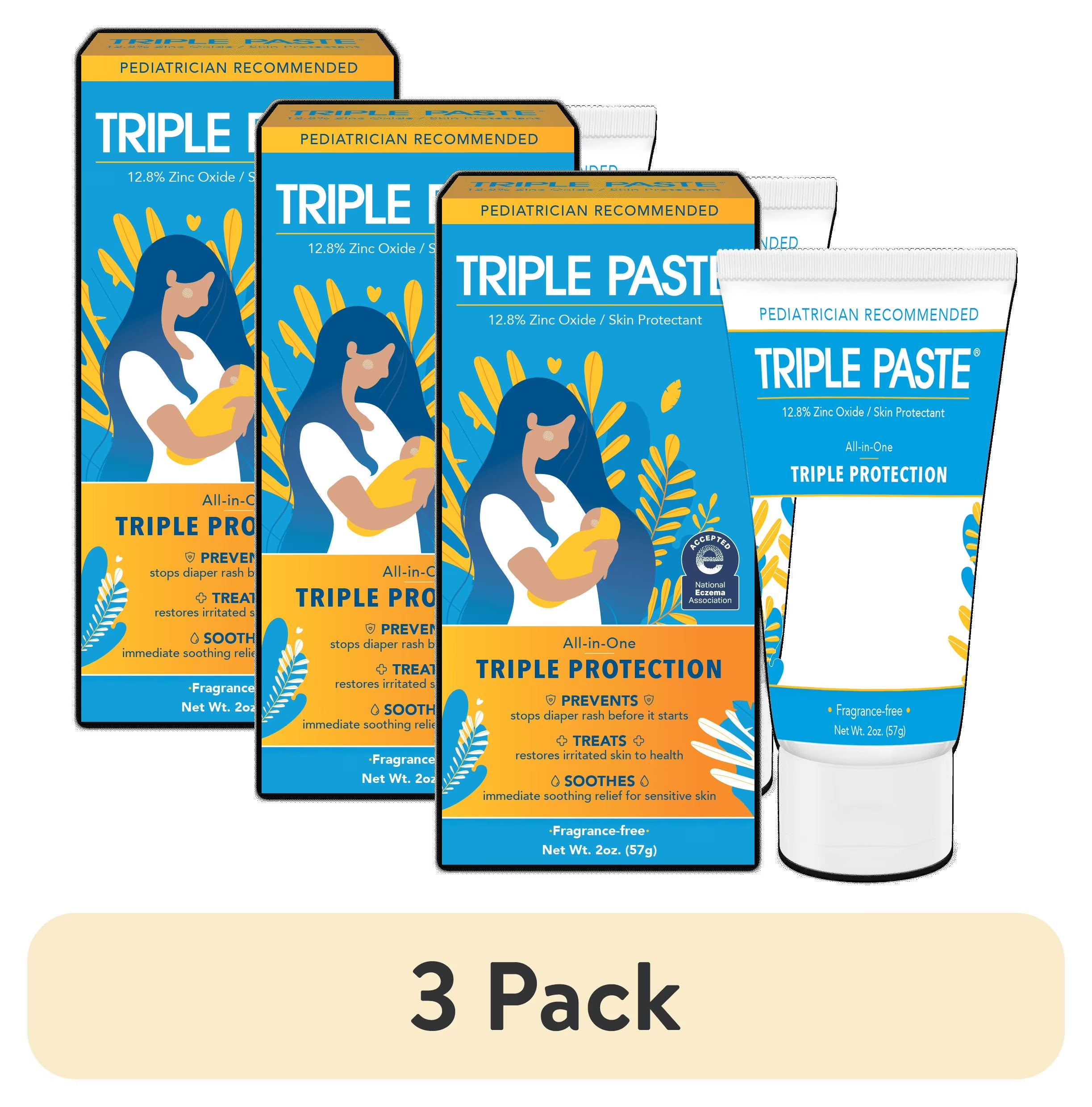 (3 Pack) Triple Paste Diaper Rash Cream, Hypoallergenic Medicated Ointment for Babies, 2 Oz