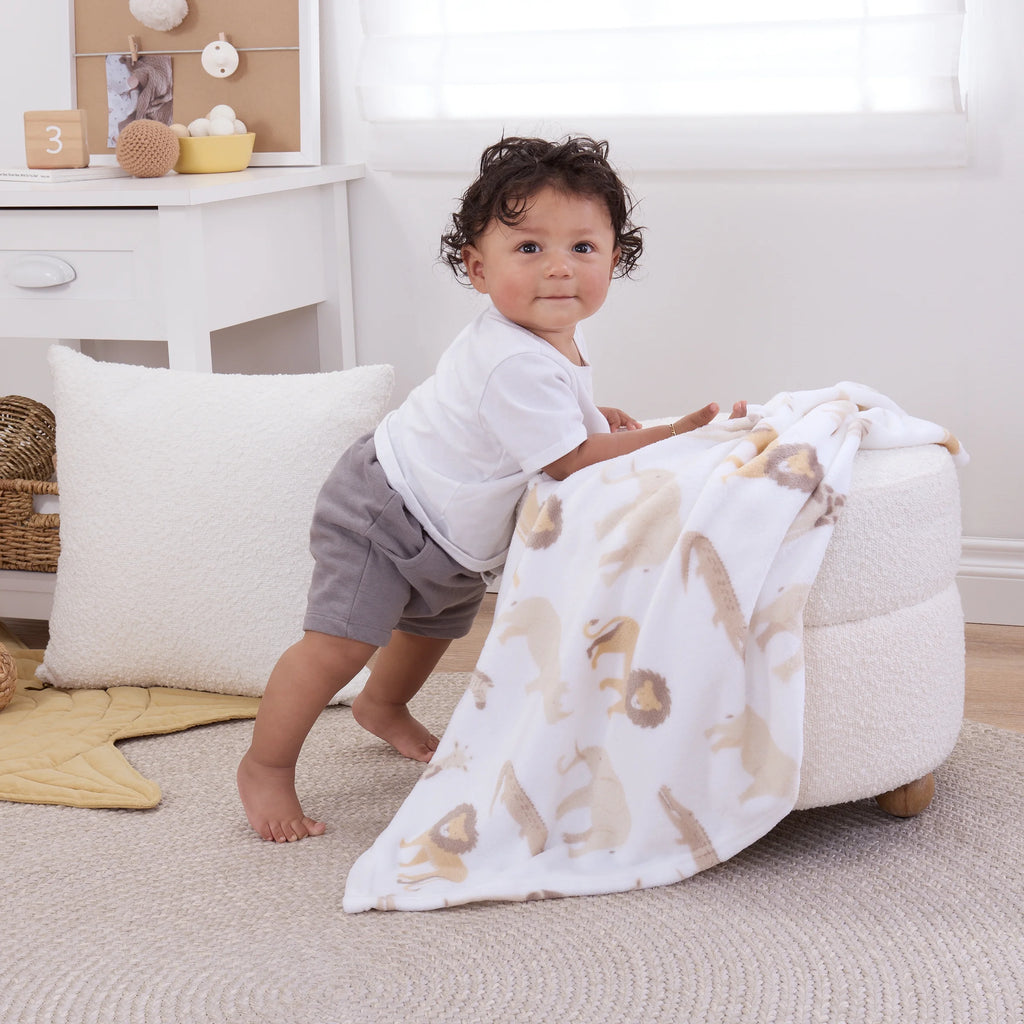 Parent'S Choice Safari Print Plush Baby Blanket, 30" X 36", White, Tan, Infant Unisex