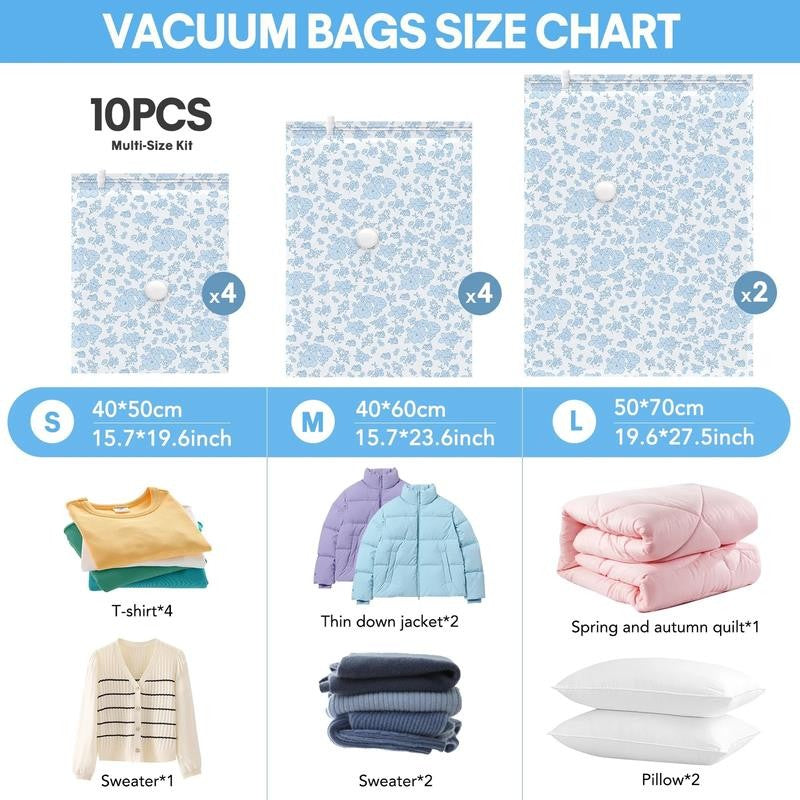 10 Combo Vacuum Storage Bags with Electric Pump, Reusable Travel Vacuum Storage