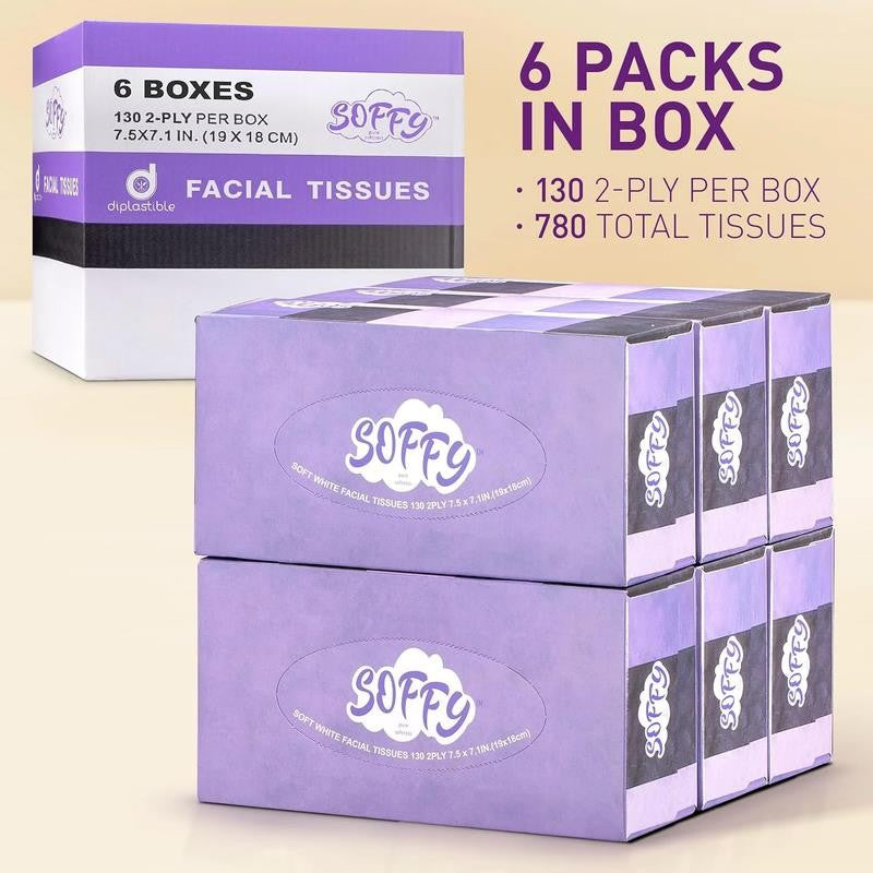 Facial Tissue Paper 130 Tissues per Box, 6 Boxes Car and Travel Tissue Packs
