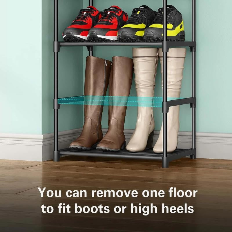 10 Tier Metal Shoes Rack, Narrow Stackable Shoes Shelf with Hooks, Shoe Tower F