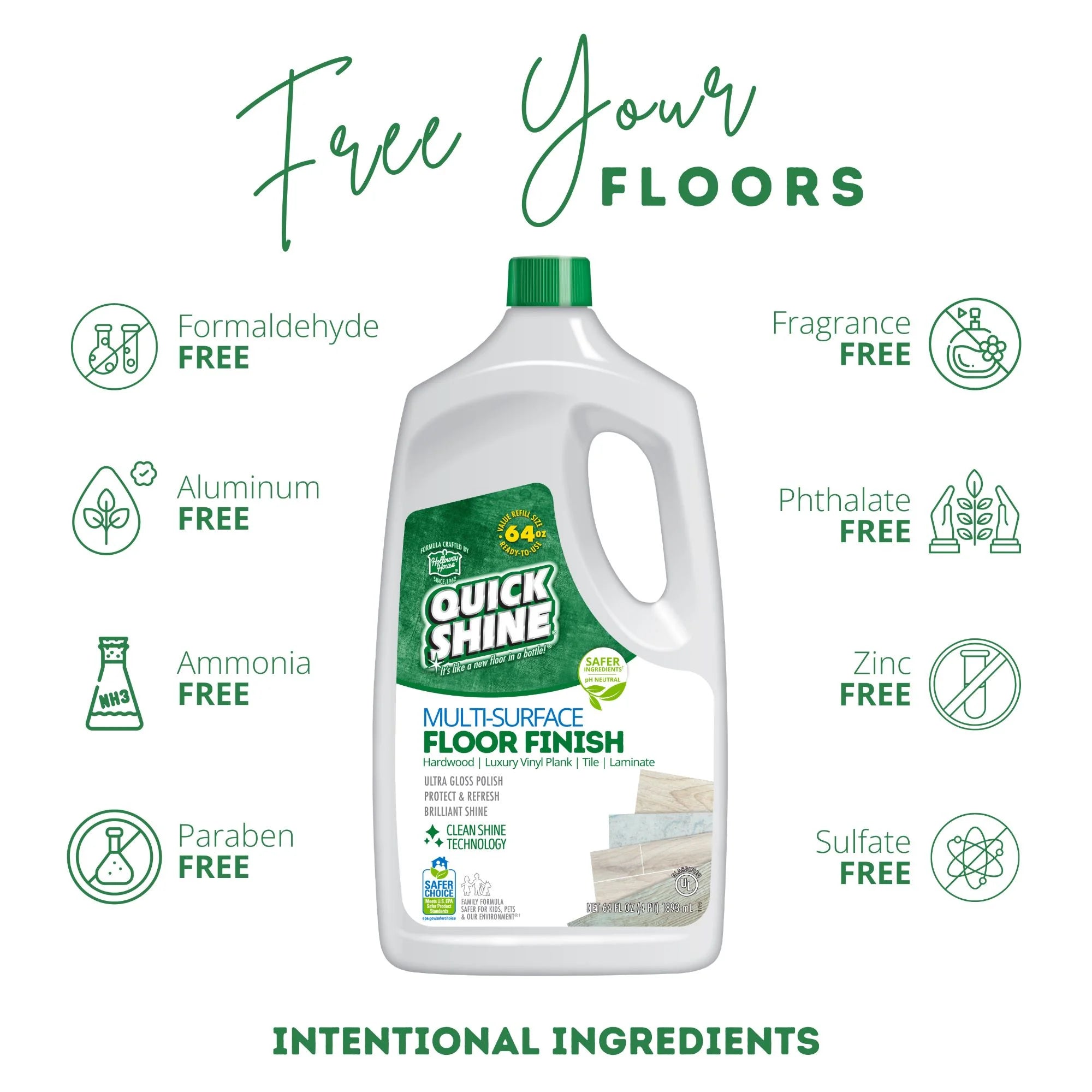 Quick Shine Multi-Surface Floor Finish, Pfas-Free Formula, All Purpose Household Floor Polish, 64 Oz