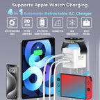 35W 3-In-1 Gan Wall Charger with Wireless Charging for Smartwatch, USB-C + USB-A Ports, 2.2Ft Retractable Cable, Foldable Plug (White)