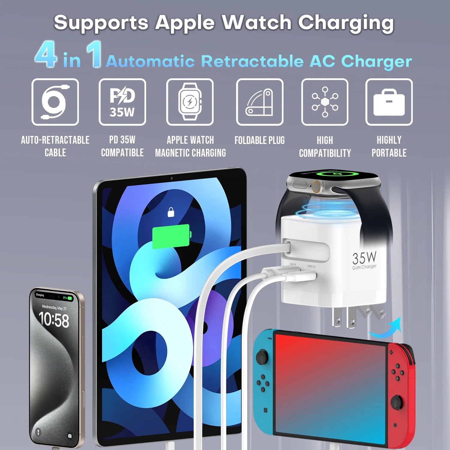 35W 3-In-1 Gan Wall Charger with Wireless Charging for Smartwatch, USB-C + USB-A Ports, 2.2Ft Retractable Cable, Foldable Plug (White)
